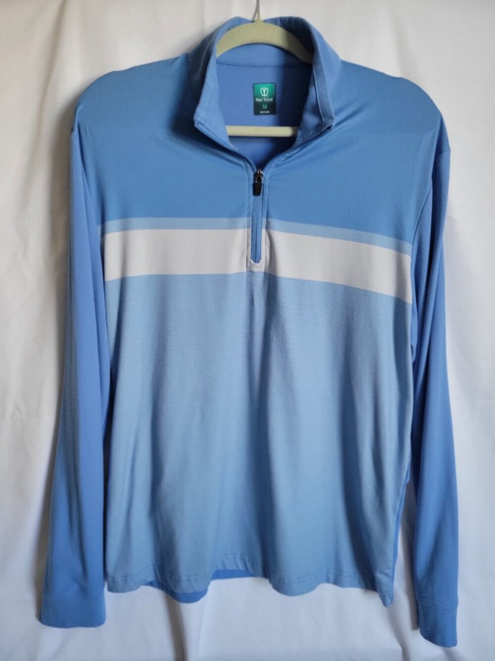 Pro Tour Golf Pullover Mens M Medium Light Sky Blue White Chest Stripe 1/4 Zip